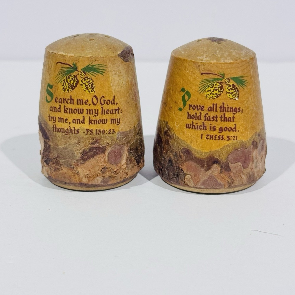 Vintage Salt & Pepper Shaker Set W Cork Stoppers Rustic‎ Pine Wood Bible Verse